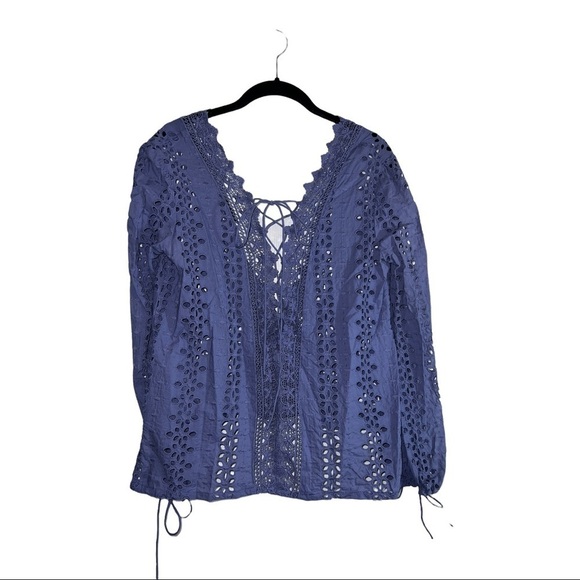 BARDOT Cotton Eyelet Embroidered Open Back Front Tie Long Sleeve Blouse - Picture 1 of 13